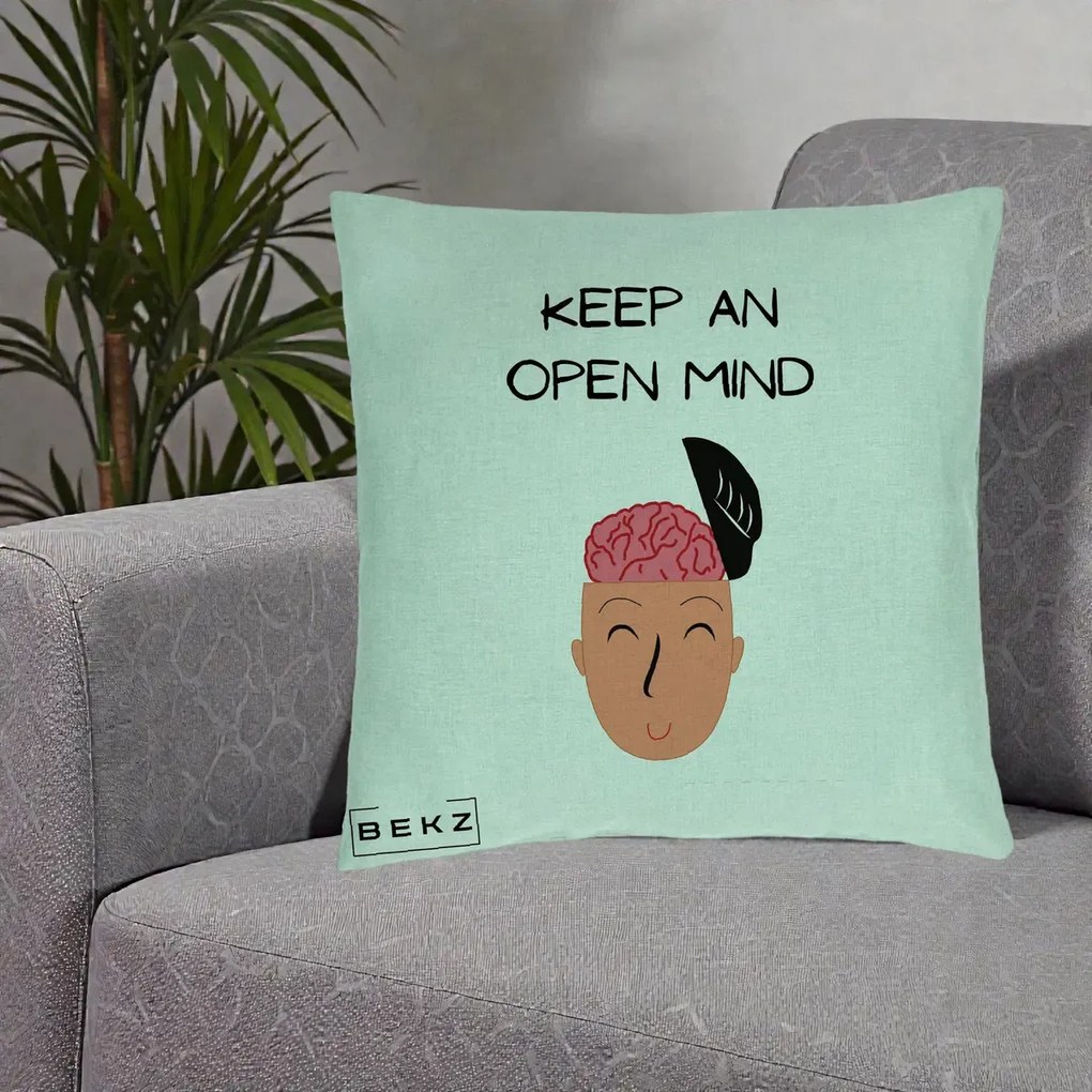 Perna Decorativa Keep An Open Mind, 40x40 cm, Verde Menta, Husa Detasabila, Perna Inclusa, BEKZ®