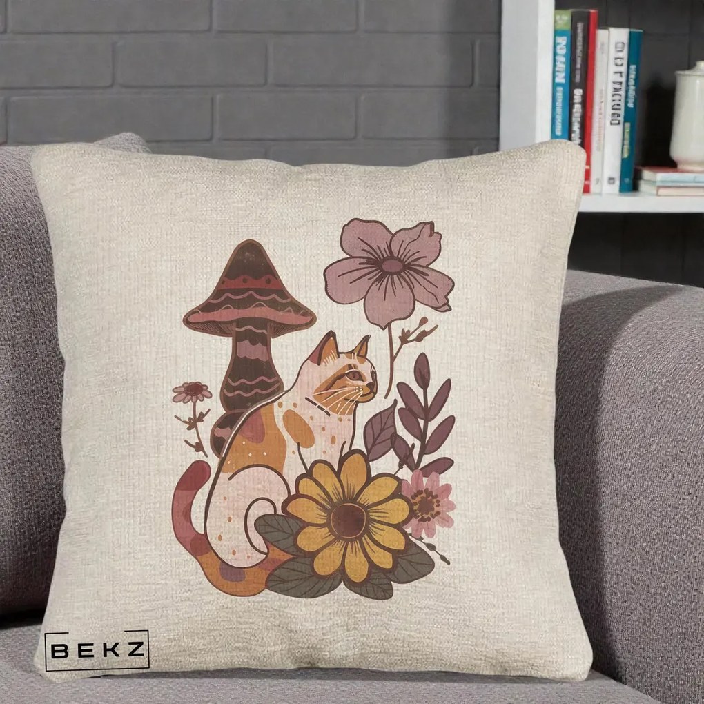 Perna Decorativa Pisica Vintage Florala Boho, 40x40 cm, Bej Canapea, Husa Detasabila, Perna Inclusa, BEKZ®