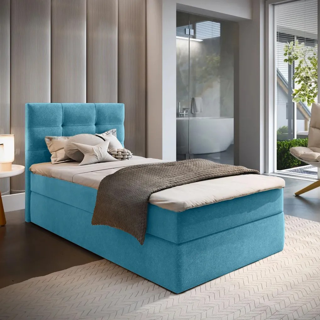Pat boxspring tapițat GLORIEN VELVET 90x200 cm albastru Saltea: Saltea cu arcuri Bonell