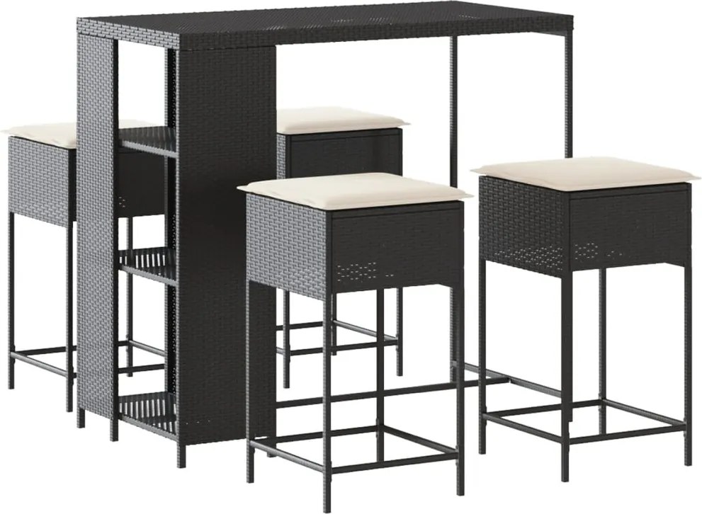 vidaXL Set mobilier bar de grădină cu perne, 5 piese, negru, poliratan