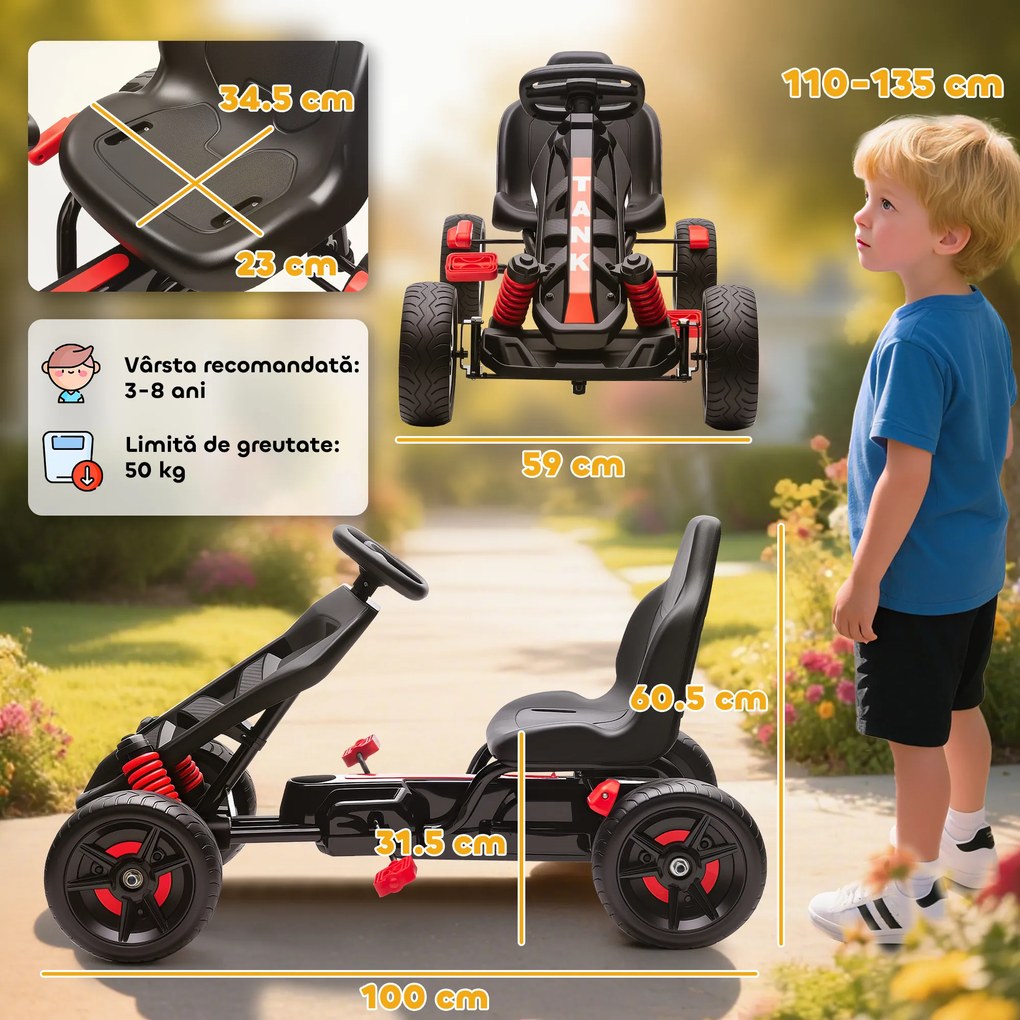 AIYAPLAY Kart cu pedale pentru copii 3-6 ani, max. 50 kg, cu suport pentru pahare și roți EVA antiderapante, roșu | Aosom Romania