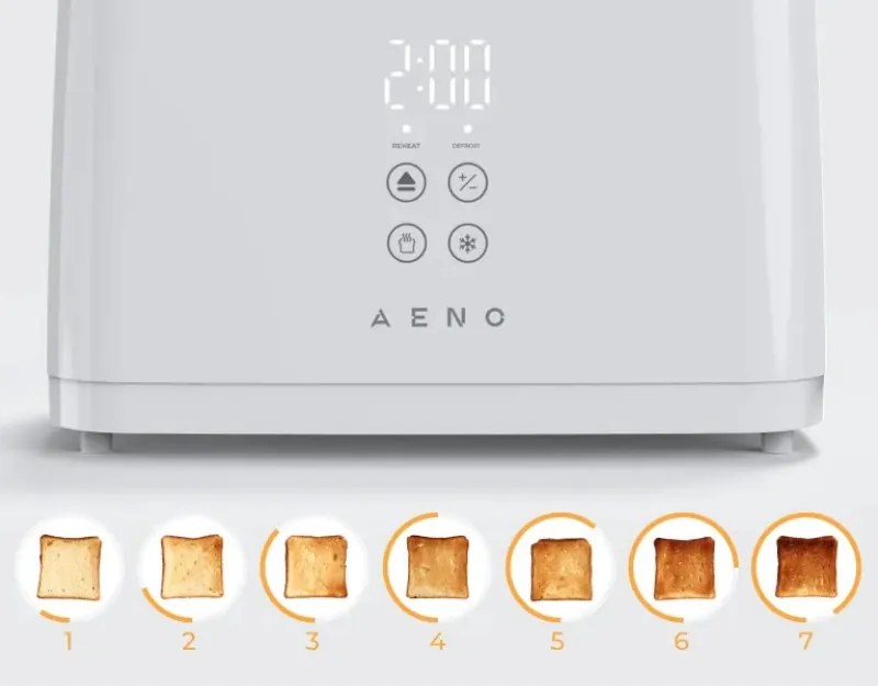 Prăjitor de pâine AENO ATS0002W, 930 W, 7 trepte, comandă tactilă, temporizator invers, protecție împotriva blocării, silențios, alb