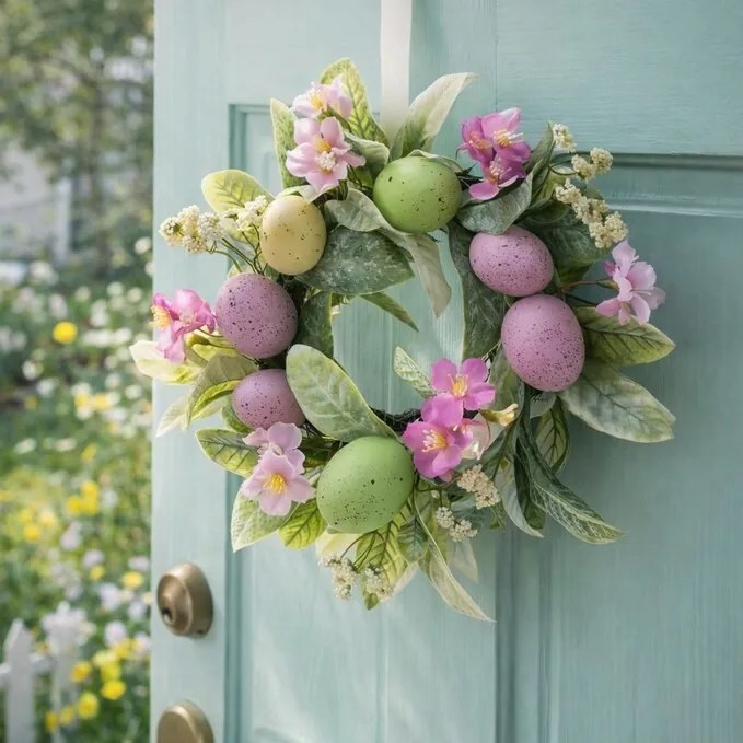 Coroniță de Paște cu flori și ouă violetdeschis, diametru 25 cm