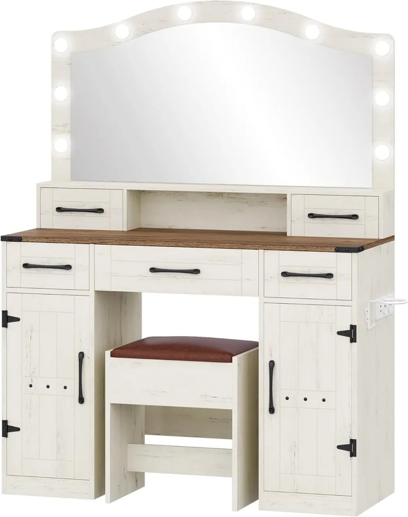 SEA818 - Set Masa toaleta 108 cm, cosmetica machiaj, oglinda cu LED, masuta vanity cu Priza, USB si Suport Uscator par, scaunel tapitat - Alb