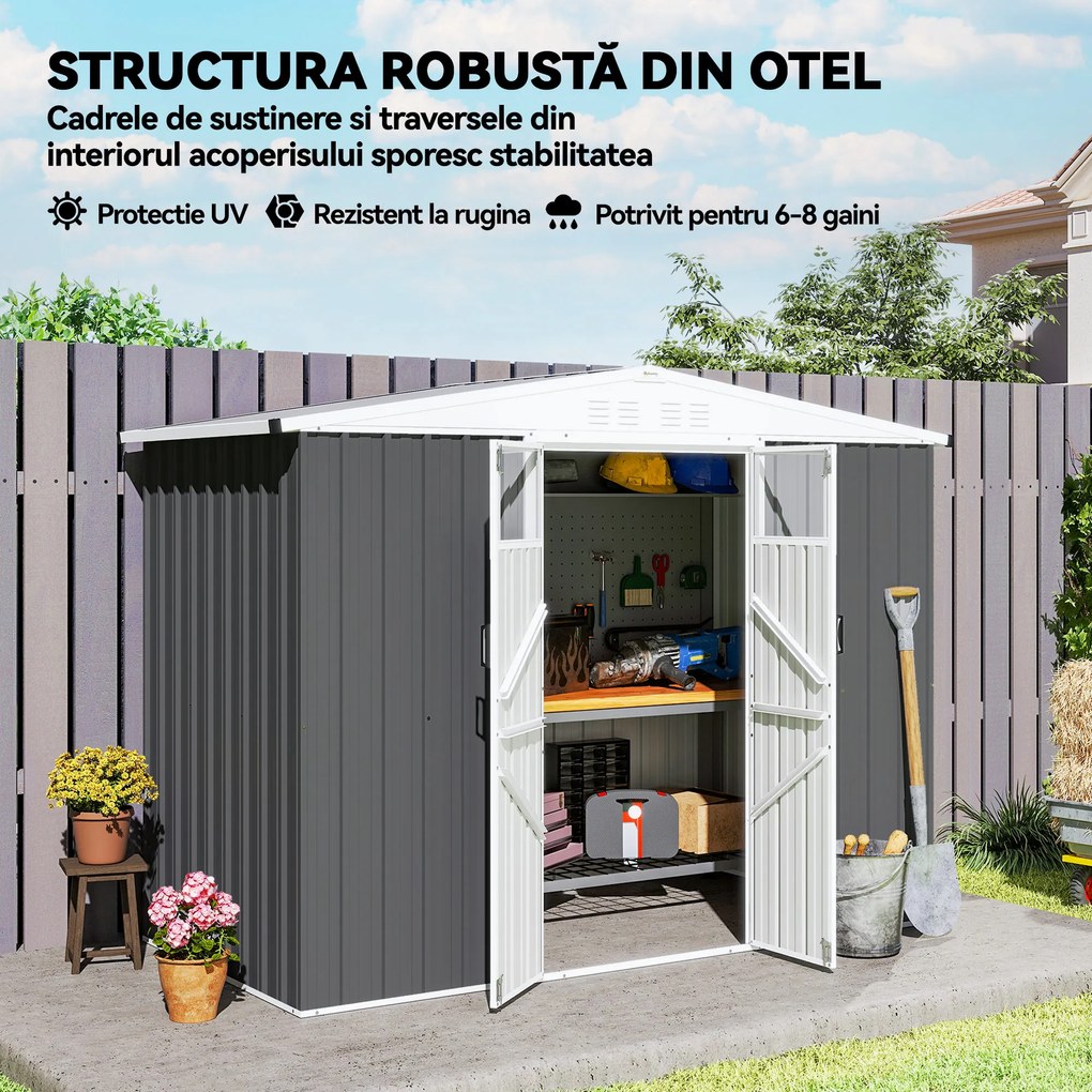Outsunny Șopron de Grădină cu 4 Guri de Ventilație, 2 Ferestre și Acoperiș Înclinat, 246x117x161/180 cm, Gri Închis | Aosom Romania