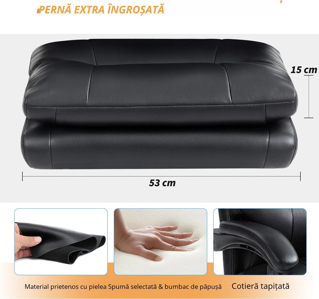 HOMCOM Scaun pentru Birou cu Înălțime Reglabilă și Reclinabil până la 135° Negru | Aosom Romania