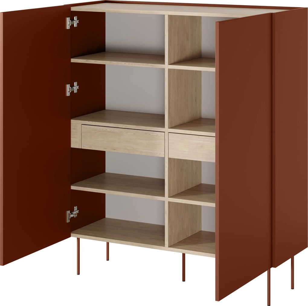Comodă înaltă Desin 120 cm cu două uși și sertare ascunse - ceramic red / stejar nagano