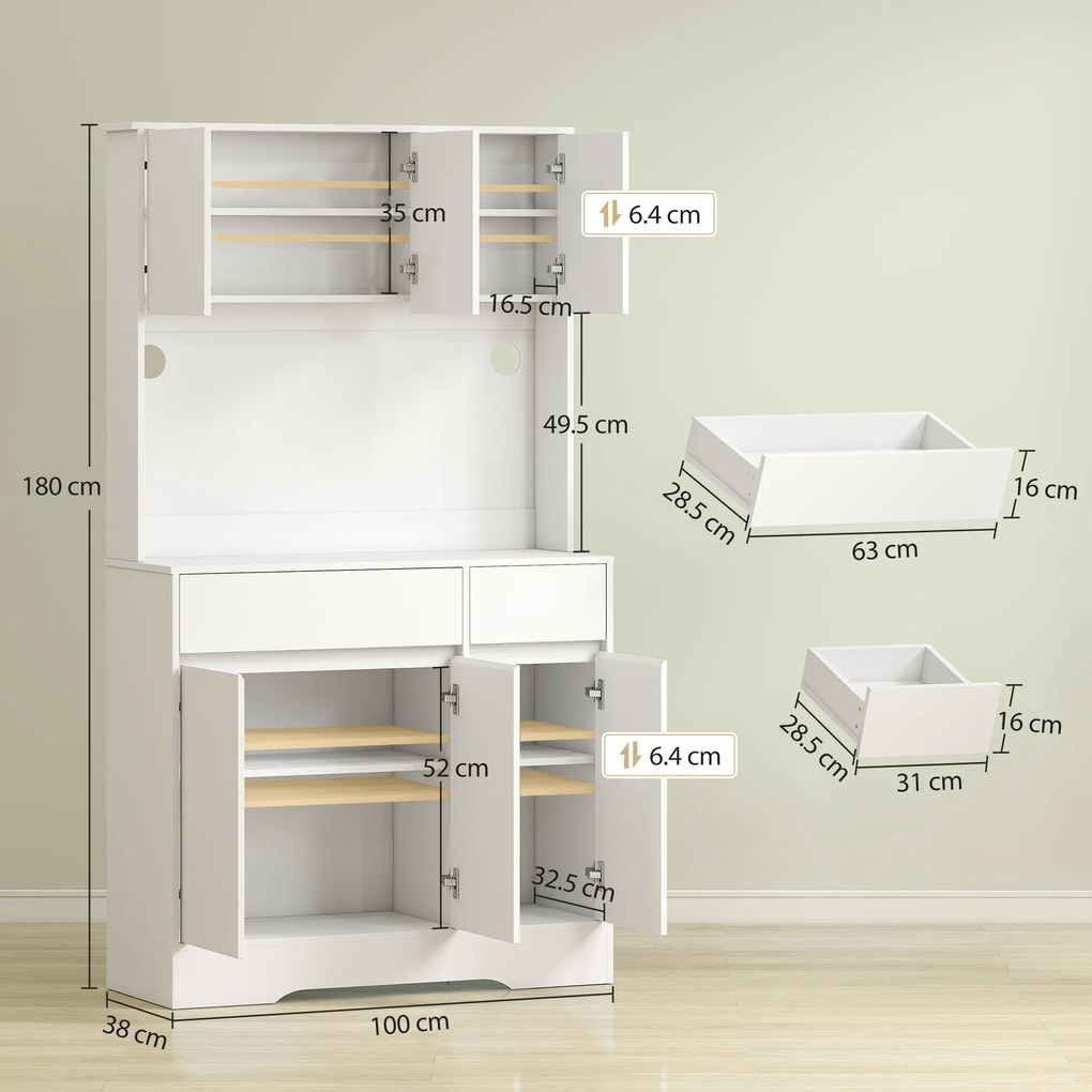 HOMCOM Bufet de Bucătărie Modern cu 4 Dulapuri, 2 Sertare și Rafturi Reglabile, 100x38x180 cm, Alb | Aosom Romania