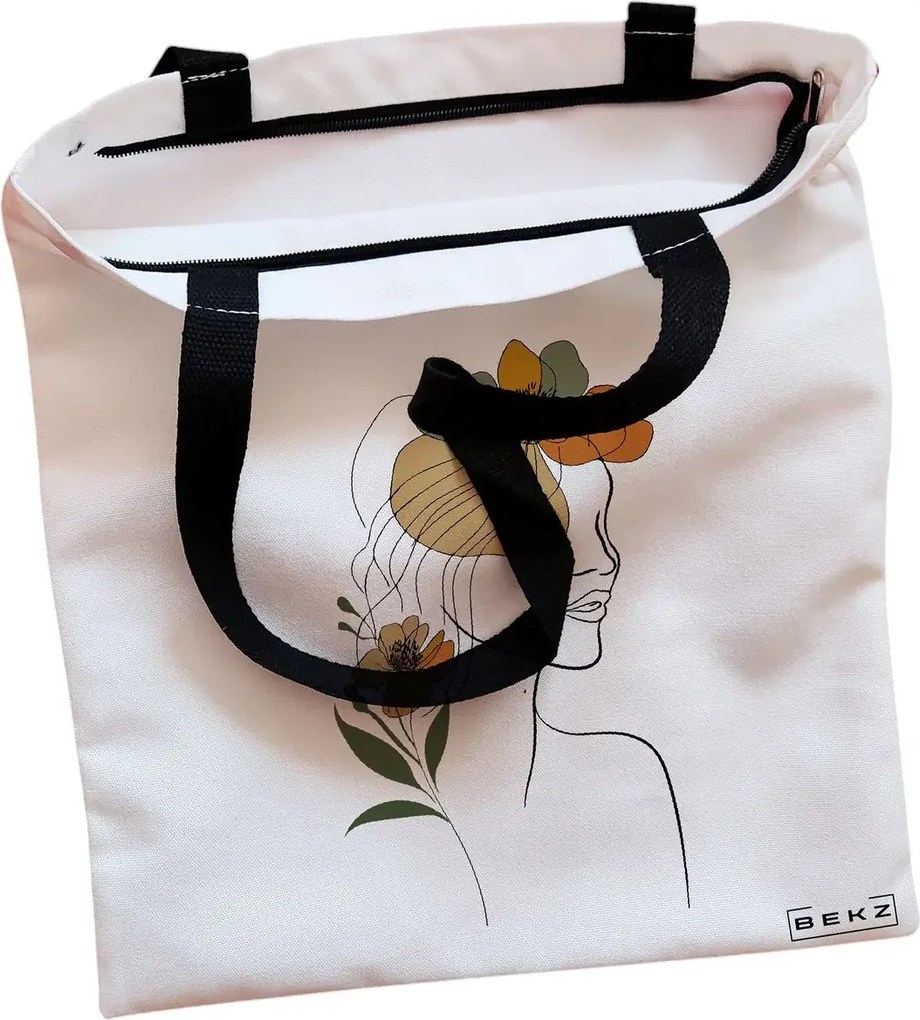 Sacosa de Panza pentru Cumparaturi, Geanta Tote, Flower Lady 11, Cu fermoar, 38x34.5 cm, Alba, BEKZ®