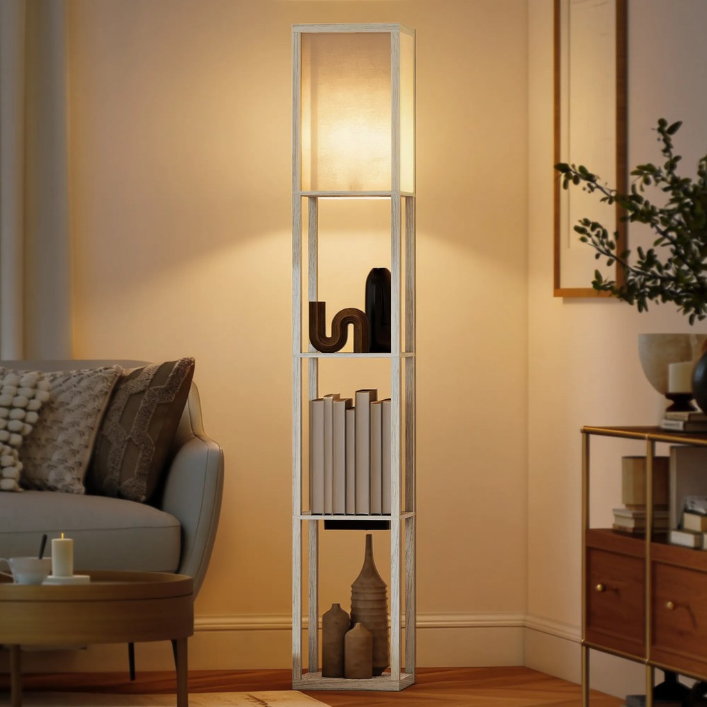 HOMCOM Lampă de Podea LED cu Rafturi, Lampă Modernă cu Comutator cu Pedală și Porturi USB, Lumină cu Culori Reglabile pentru Living și Dormitor, Stejar | Aosom Romania