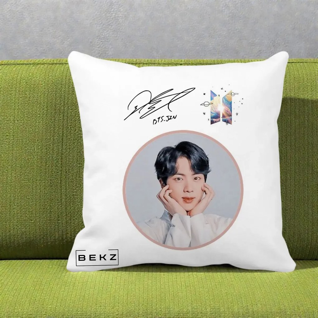 Perna Personalizata K-pop BTS Jin Portret cu Autograf, 40x40 cm, Alba Mata, Husa Detasabila, Perna Inclusa, BEKZ®
