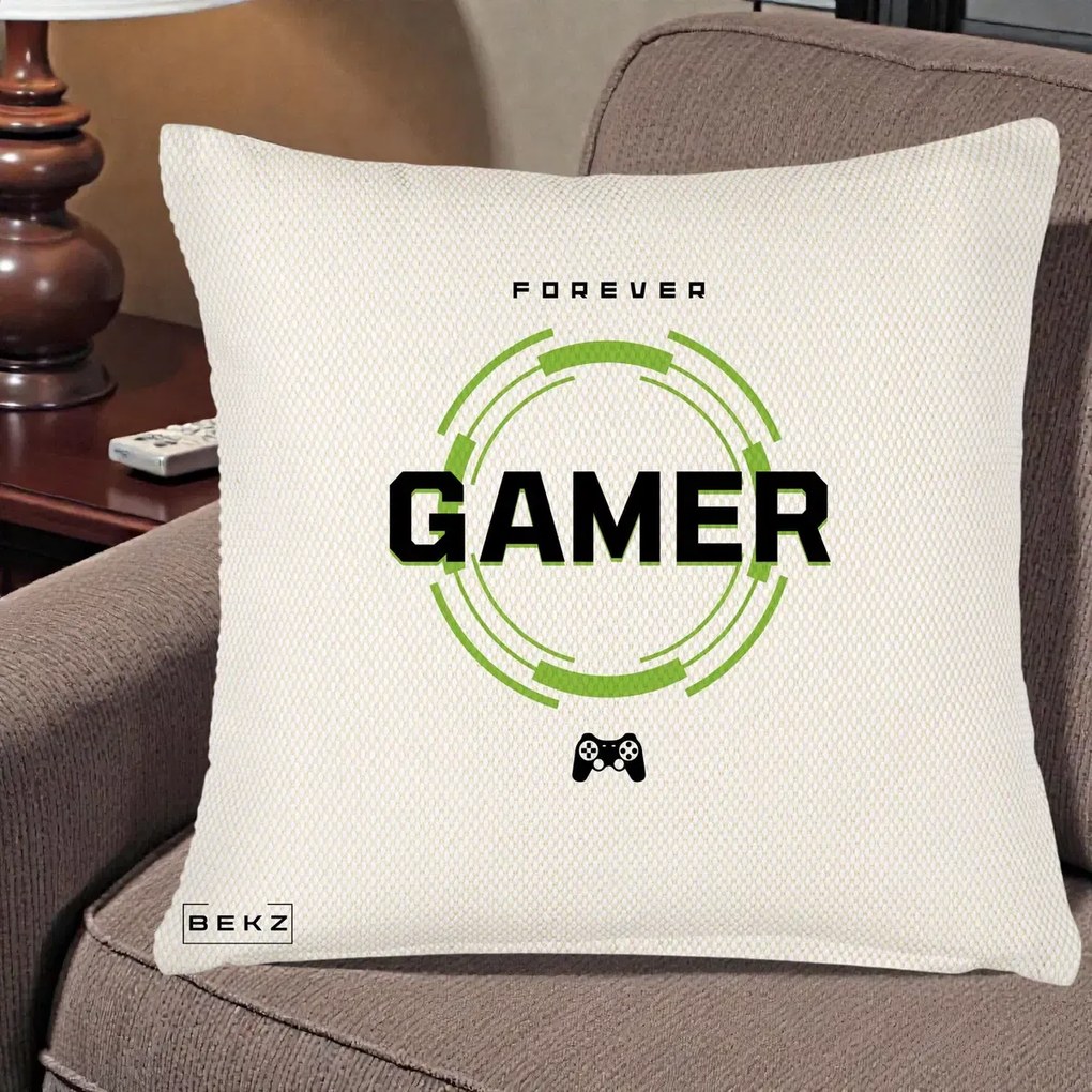 Perna Personalizata Forever Gamer, 40x40 cm, Crem Reliefat, Husa Detasabila, Perna Inclusa, BEKZ®