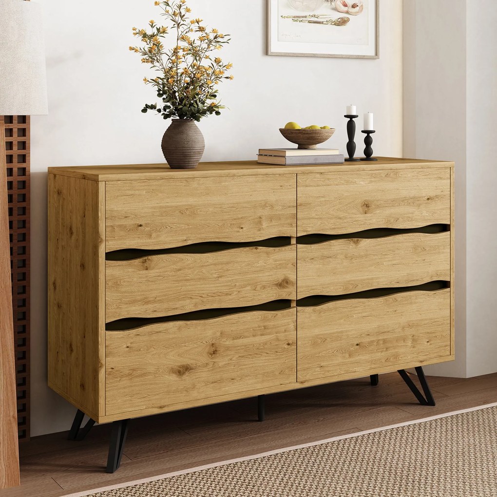 Comodă cu 6 sertare, picioare metalice, mult spațiu de depozitare, 120x40x75,5 cm, Culoare naturală