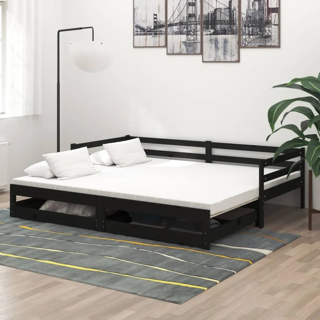 3083698 vidaXL Pat extensibil de zi, 2x(90x200) cm, negru, lemn masiv de pin