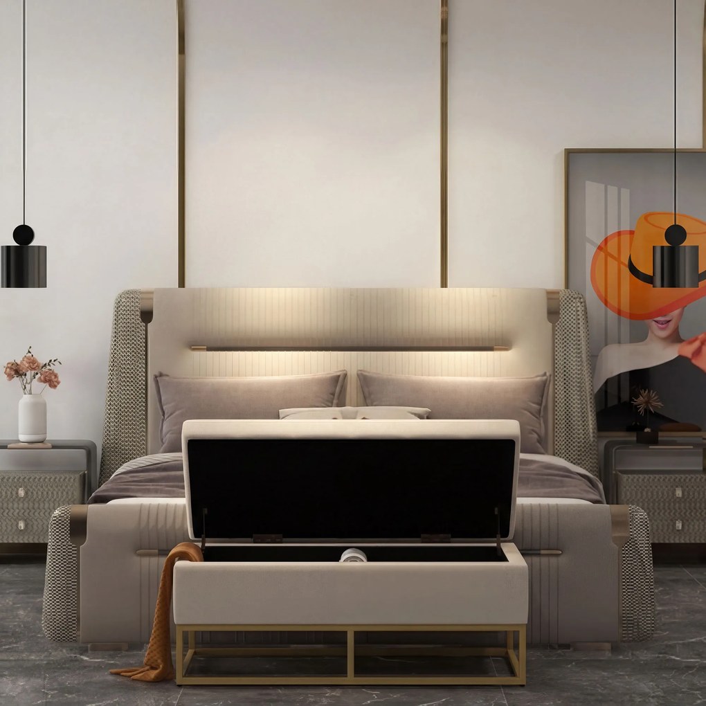 HOMCOM Bancă de Depozitare Rectangulară cu Șezut Căptușit și Picioare din Oțel, 110x44x49 cm, Bej | Aosom Romania