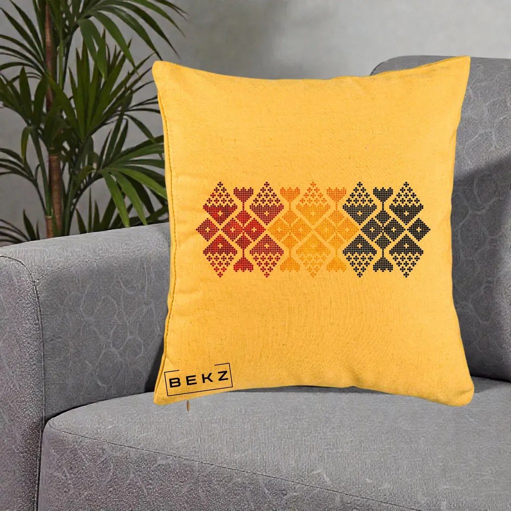 Perna Personalizata Motiv Tricolor Romanesc Broderie, 40x40 cm, Galben, Husa Detasabila, Perna Inclusa, BEKZ®