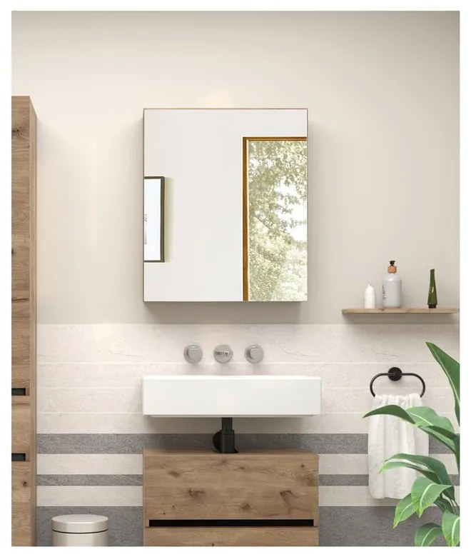 Dulap de baie în culoare naturală suspendat/cu oglindă cu aspect de lemn de stejar 60x70 cm Wisla – Støraa