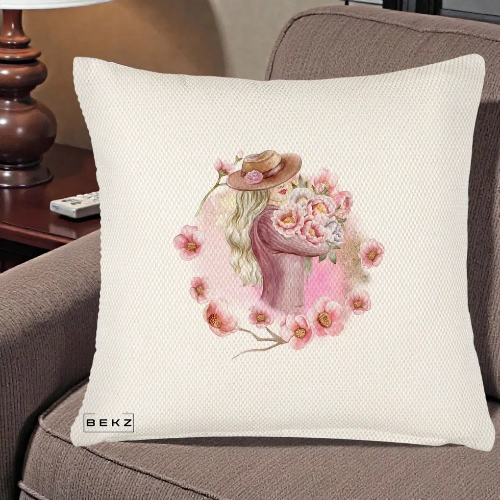 Perna Decorativa Femeie cu Flori Roz Acuarela, 40x40 cm, Crem Reliefat, Husa Detasabila, Perna Inclusa, BEKZ®
