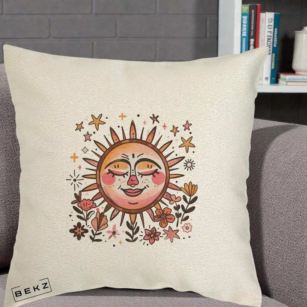 Perna Decorativa Soare Retro Boho Floral, 40x40 cm, Ecru, Husa Detasabila, Perna Inclusa, BEKZ®