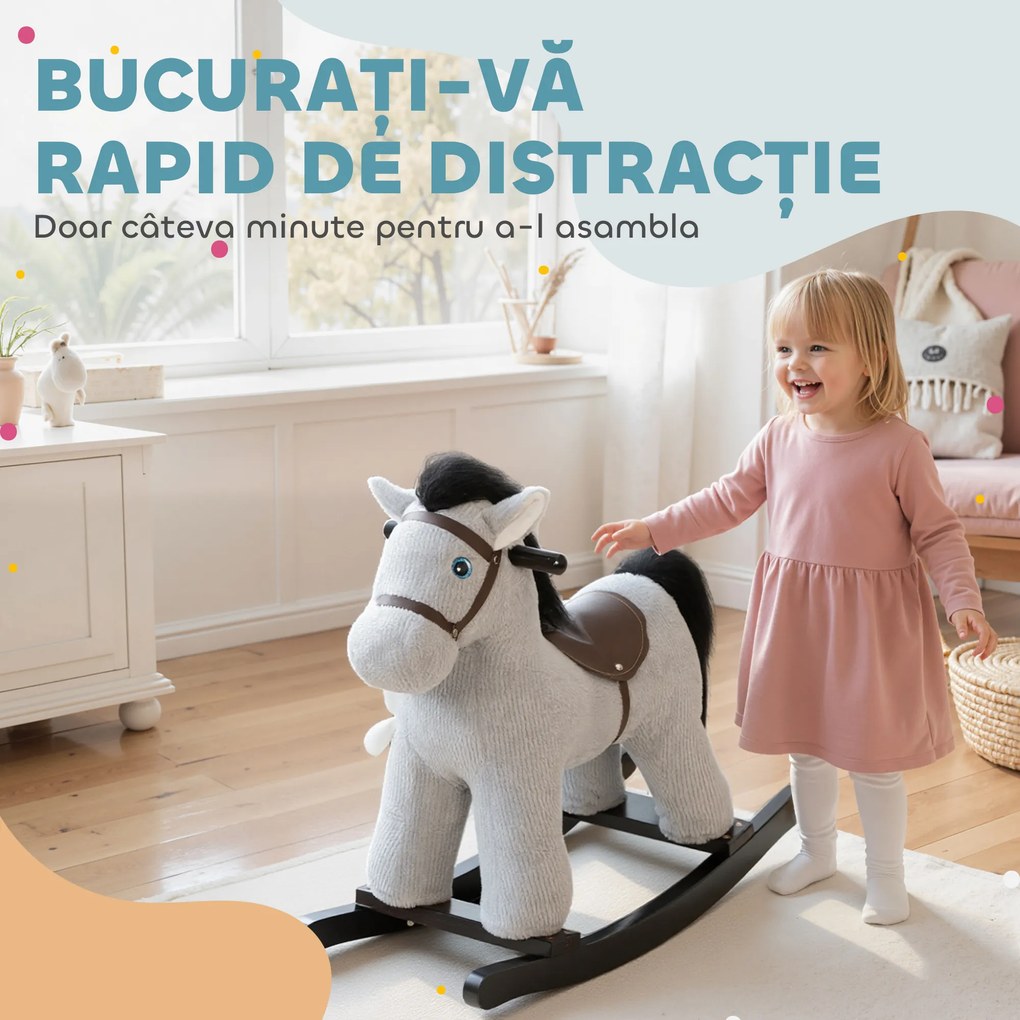 AIYAPLAY Cal de pluș pentru copii, Jucărie de călărit cu mâner, Sunete și păpușă, Balansoar pentru copii 2–5 ani, Gri | Aosom Romania