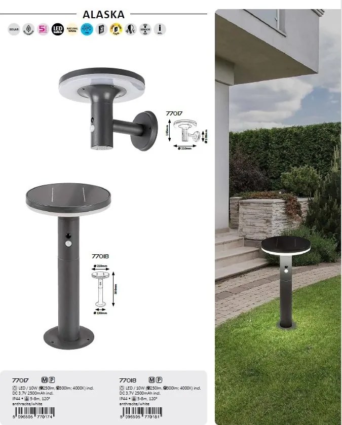 Stalp LED solar cu senzor iluminat exterior IP44 Alaska