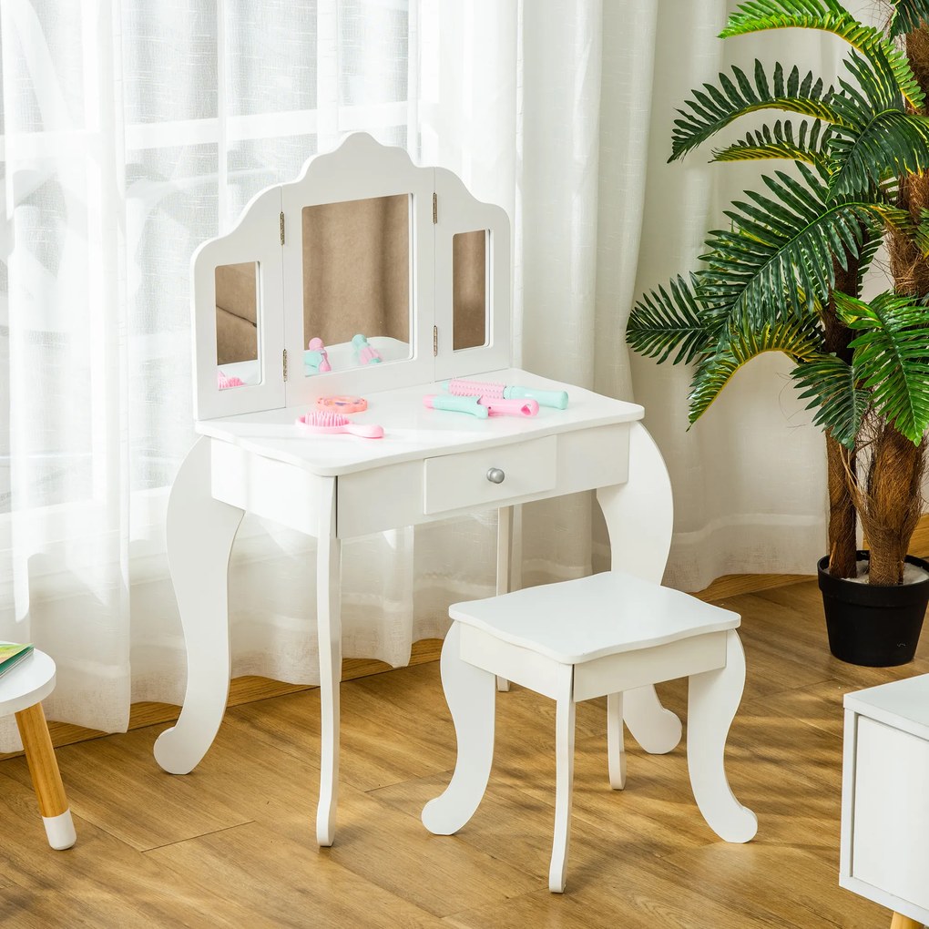 HOMCOM Coafatoare pentru Copii cu Taburet, oglindă triptică și Sertar Culisant - Dimensiuni Coafatoare 63L x 40l x 85,5H cm - Alb Acrilic | Aosom Romania