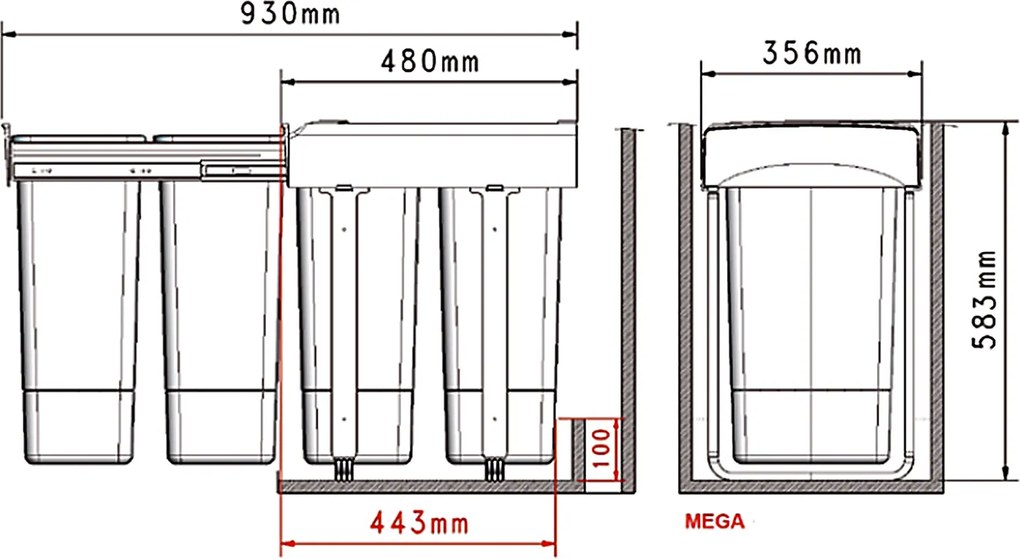 Cos gunoi incorporabil Ecomax Mega 45, cu extragere totala, colectare selectiva, gri antracit, 2 x 26 l L: 356 mm, A: 480 mm, H: 583 mm,