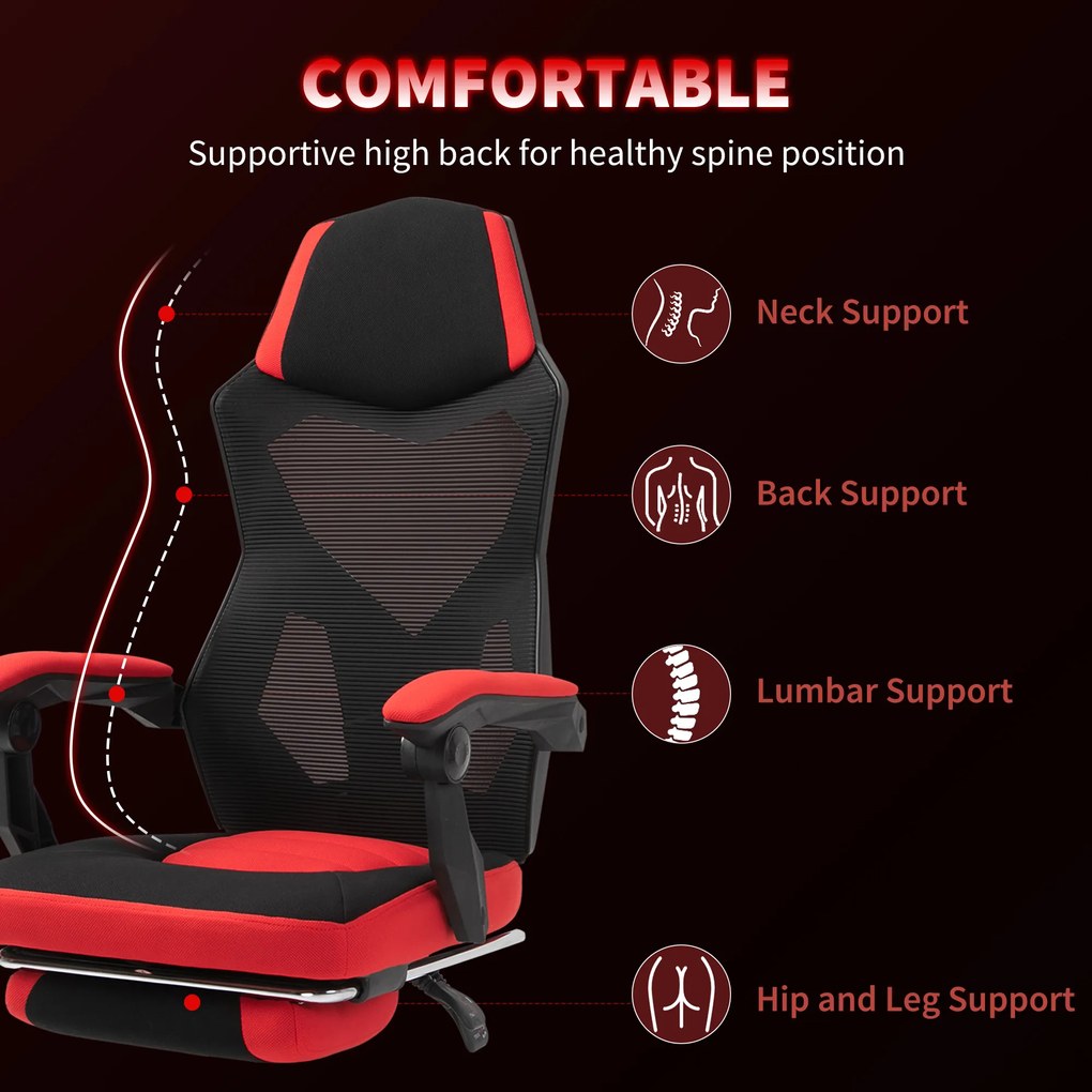 Vinsetto Scaun de Birou Ergonomic și Reclinabil cu Suport pentru Picioare Negru și Roșu | Aosom Romania
