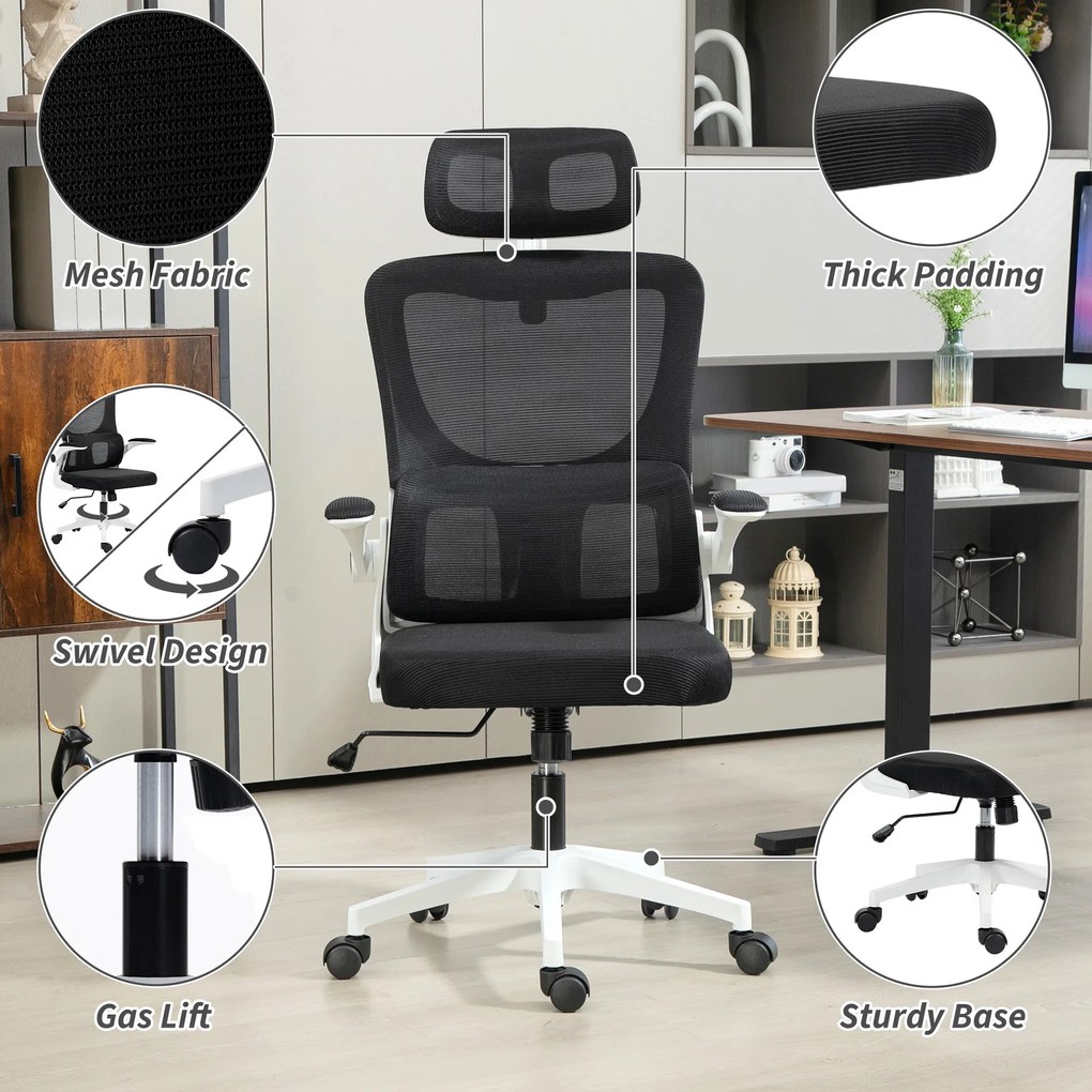 Vinsetto Scaun de Birou Ergonomic cu Tetieră Detașabilă Negru | Aosom Romania