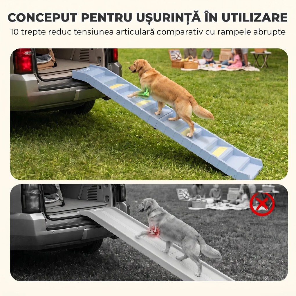 PawHut Scară Pliabilă pentru Câini, pentru Mașină și Paturi, 10 Trepte Antiderapante, Capacitate 68kg, Gri | Aosom Romania