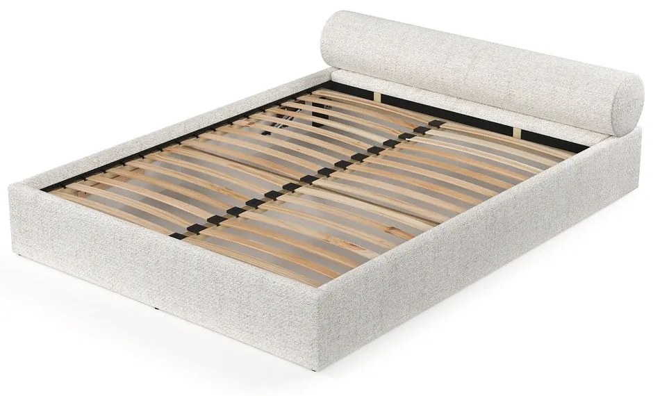 Pat matrimonial crem tapițat cu spațiu de depozitare cu somieră 200x200 cm Solvo – Maison de Rêve