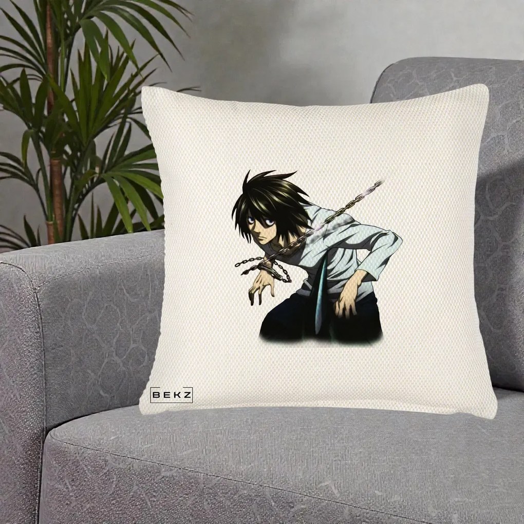 Perna Personalizata Death Note L Lawliet Lanturi, 40x40 cm, Crem Reliefat, Husa Detasabila, Perna Inclusa, BEKZ®