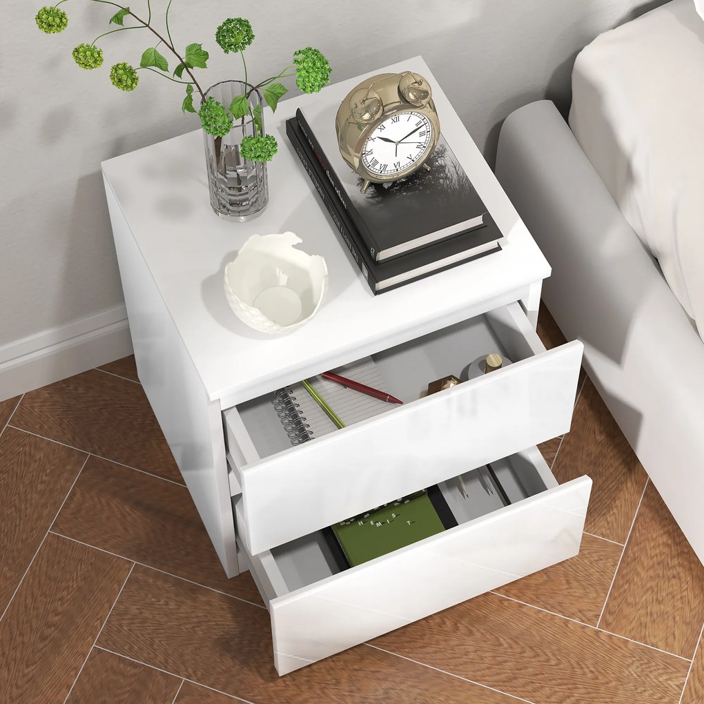 HOMCOM Măsuță de Noapte cu 2 Sertare Măsuță de Noapte pentru Dormitor Sufragerie 40x34x45 cm Alb Lucios | Aosom Romania
