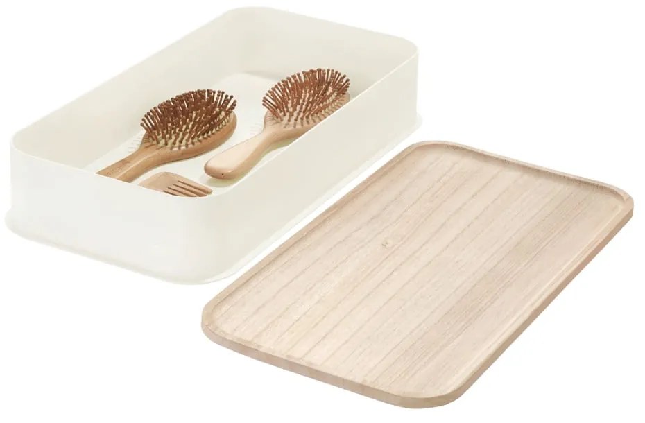Cutie depozitare cu capac din lemn paulownia iDesign Eco, 21,3 x 43 cm, alb
