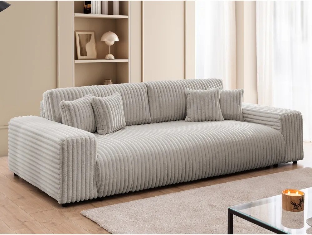 Canapea gri deschis extensibilă/cu spațiu de depozitare cu tapițerie din catifea reiată 260 cm Justin – Ropez