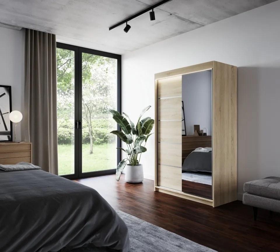 Dulap cu usi glisante si oglinda + iluminare LED, Nicea 120 + LED, 120 cmx200 cmx58 cm, ADRK Furniture (Culoare: Sonoma)