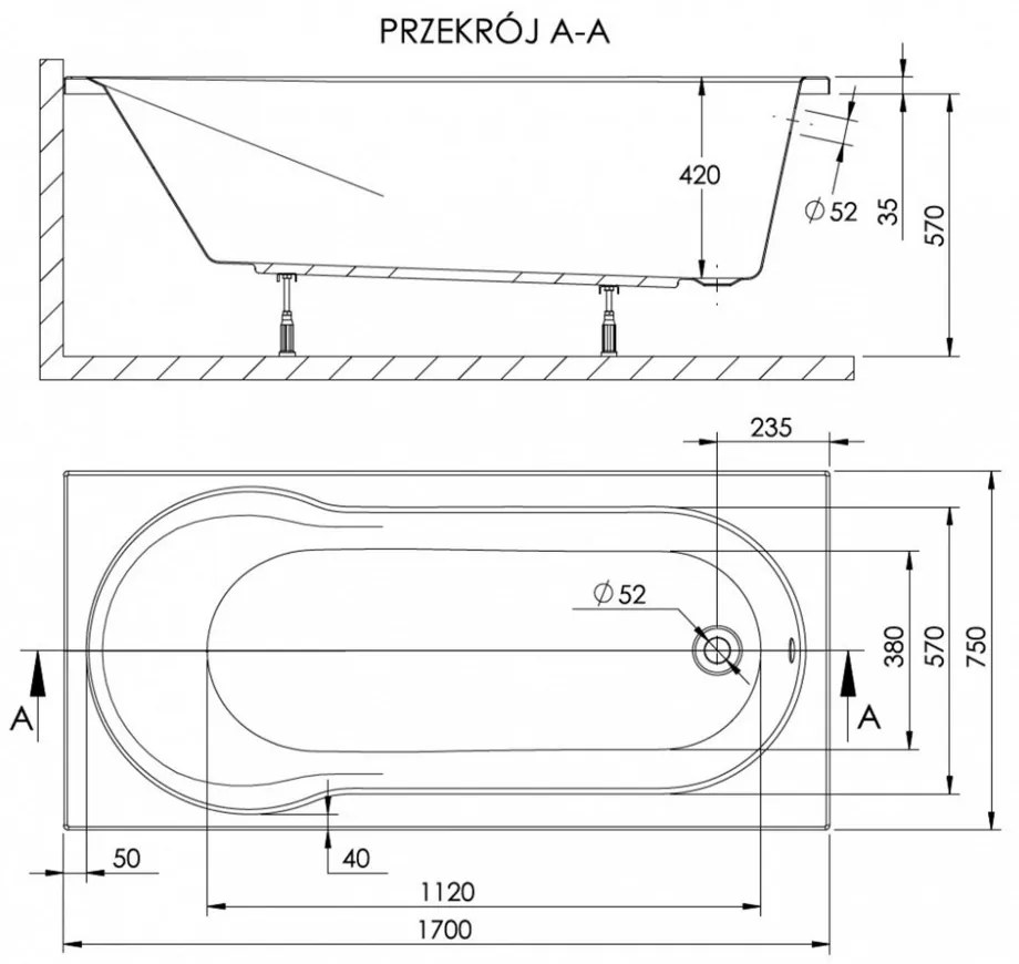 Cadă de baie dreaptă Doria 75x170
