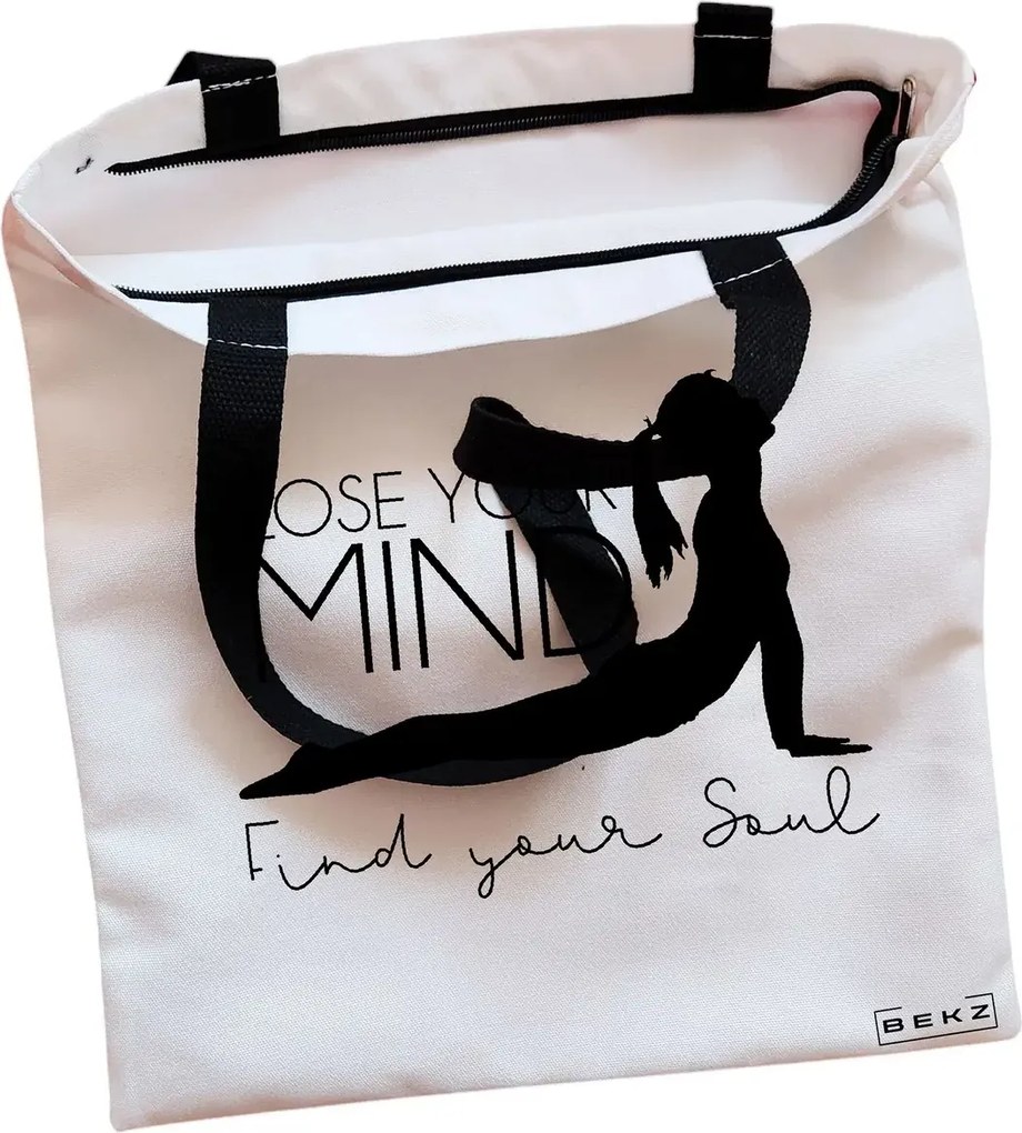 Sacosa de Panza pentru Cumparaturi, Geanta Tote, Yoga Lose your mind Find your soul, Cu fermoar, 38x34.5 cm, Alba, BEKZ®