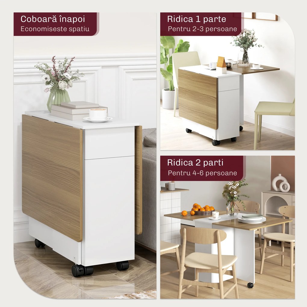 HOMCOM Masă Extensibilă pentru 6 Persoane, Masă Pliabilă cu Roți, 2 Sertare și Dulapior, 140x76x74 cm, Alb | Aosom Romania