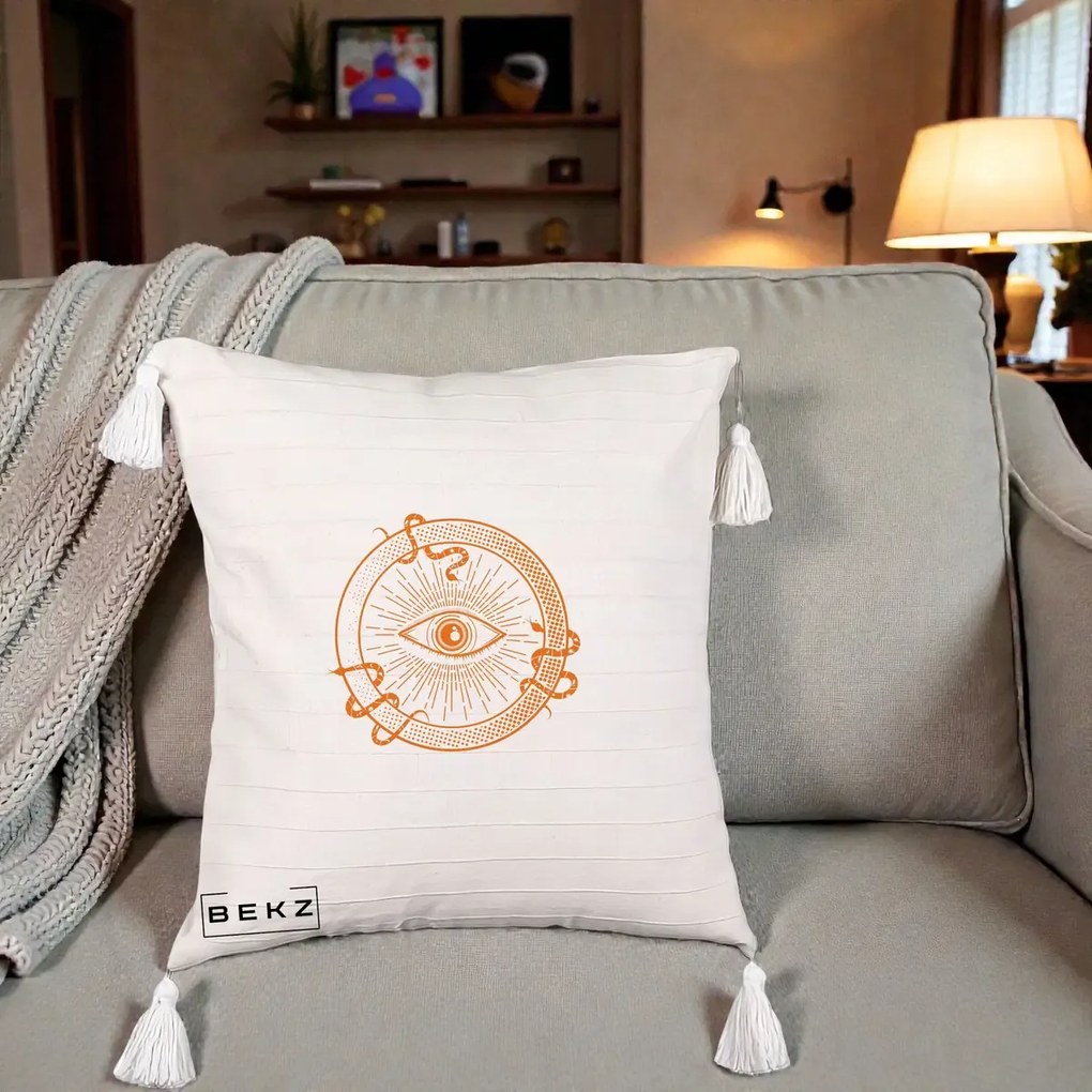 Perna Personalizata Ochiul Providentei Mistic Orange, 40x40 cm, Bej cu Franjuri, Husa Detasabila, Perna Inclusa, BEKZ®