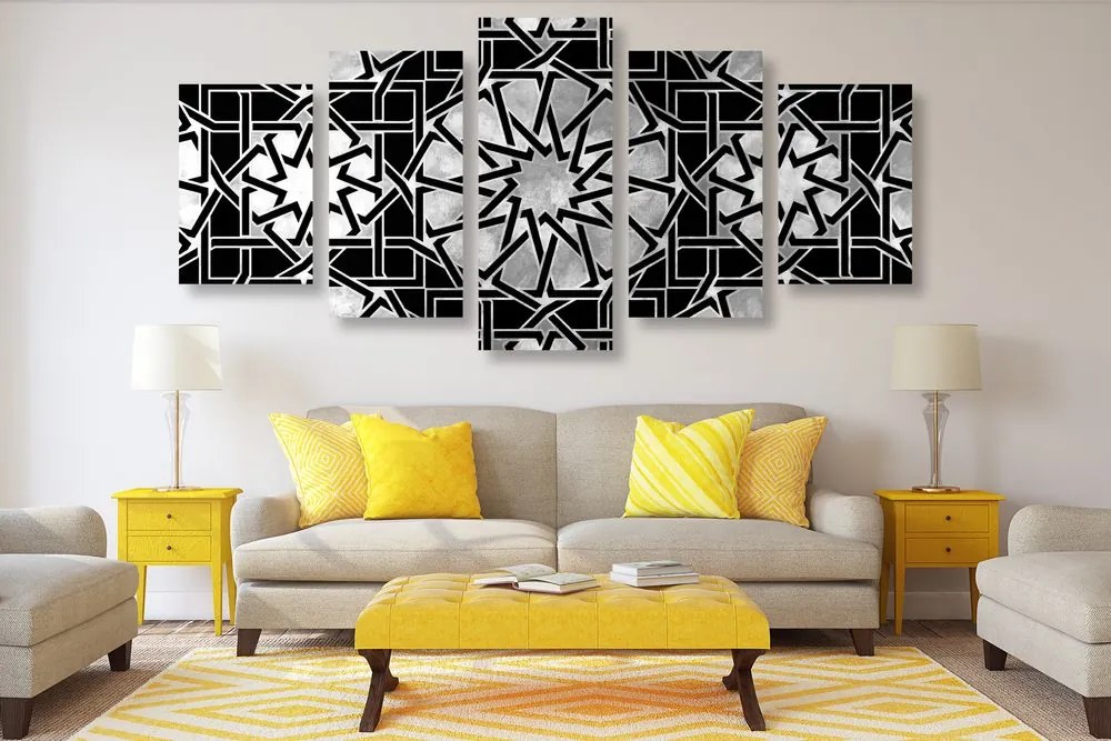 Tablou 5-piese mozaică orientală în design alb-negru