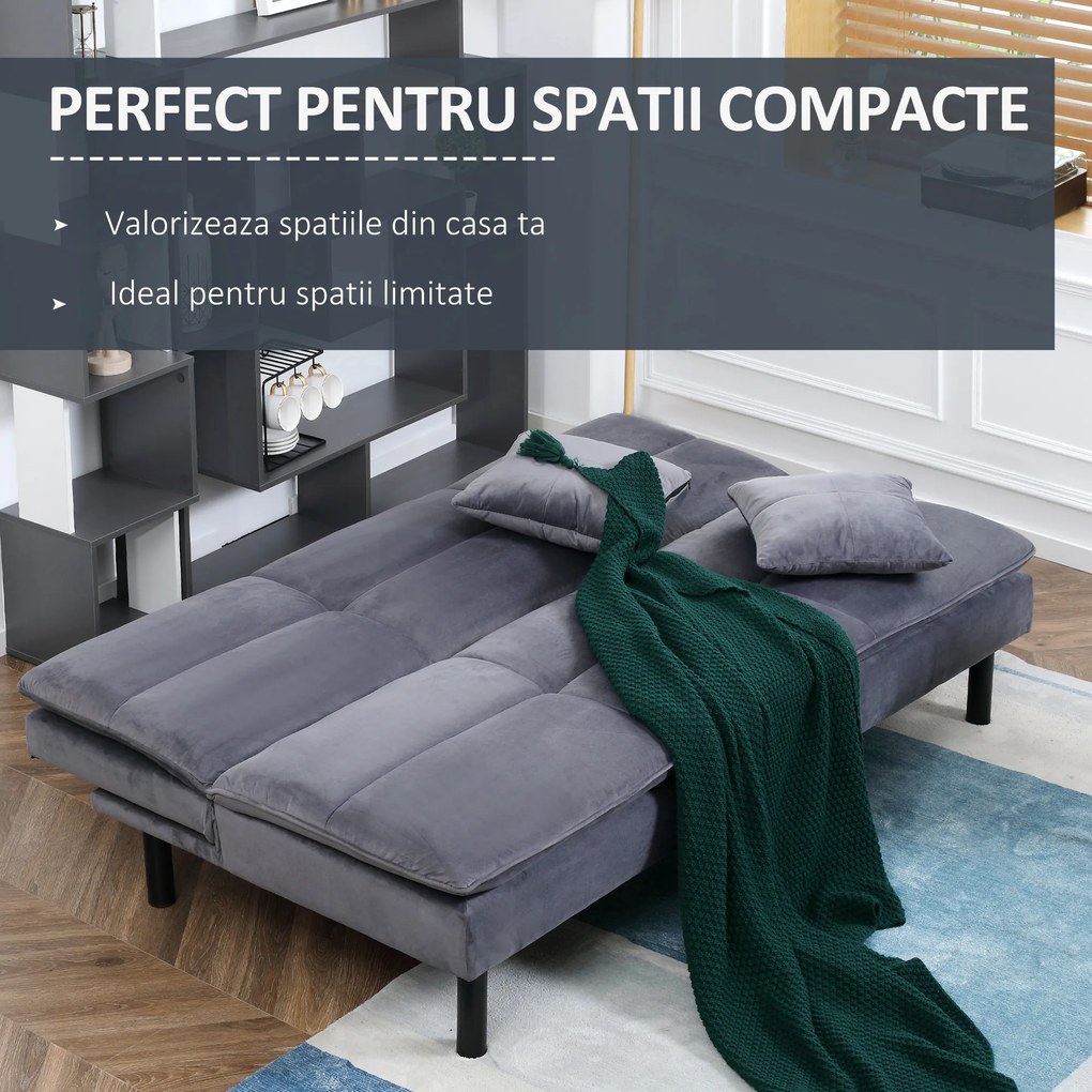 HOMCOM Canapea extensibila cu 3 locuri cu spatar reglabil pe 2 niveluri si scaun tapitat, efect de catifea gri | AOSOM RO