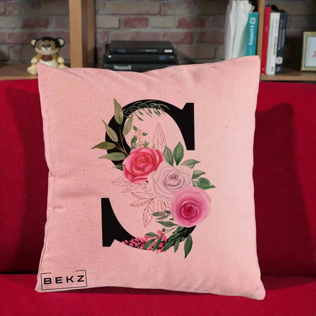 Cadou Personalizat - Perna Personalizata Monograma Florala Litera S, 40x40 cm, Roz, Husa Detasabila, Perna Inclusa, BEKZ®