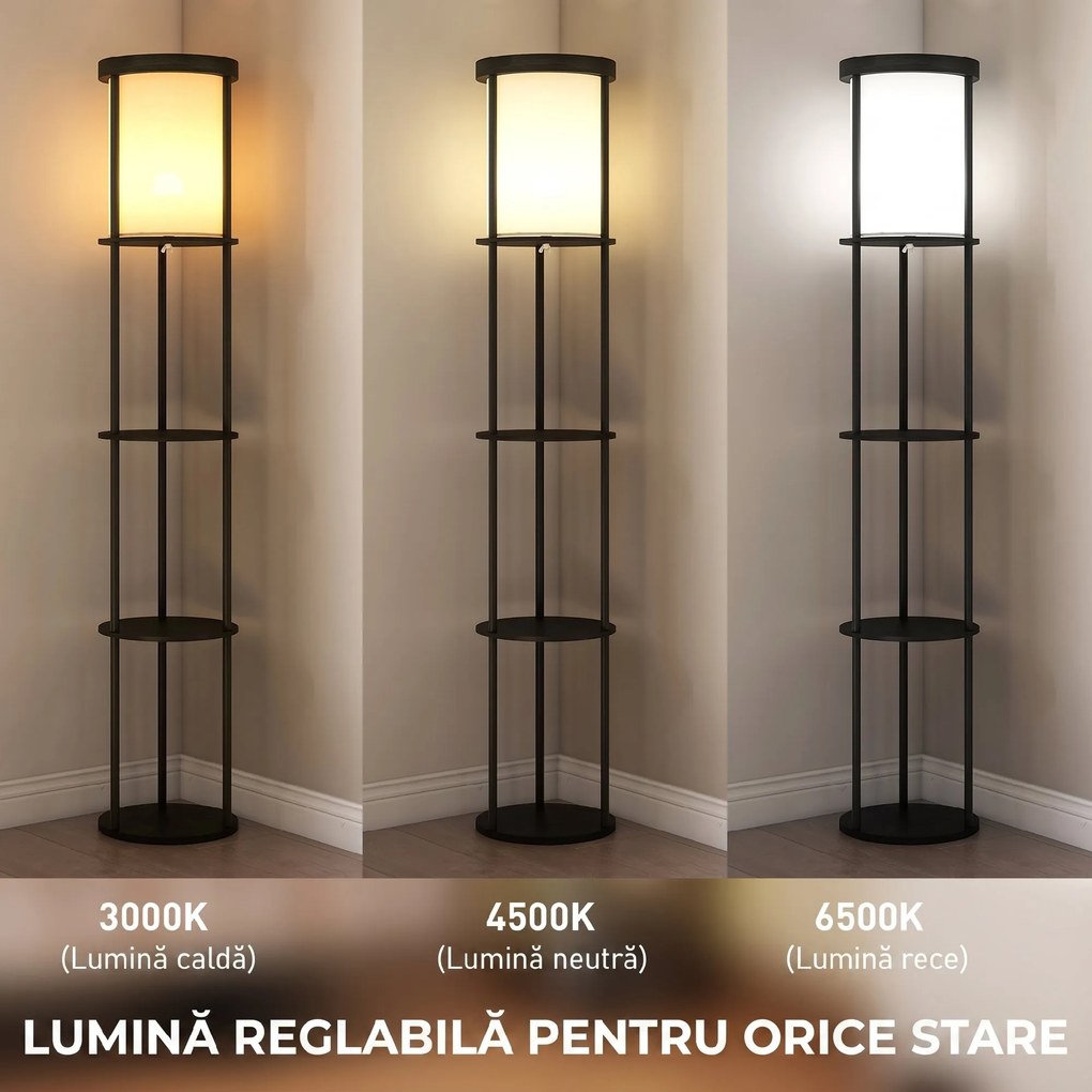 HOMCOM Lampă de Podea LED cu Rafturi Rotunde, Abajur Textile, Comutator cu Pedală și Telecomandă, Negru | Aosom Romania