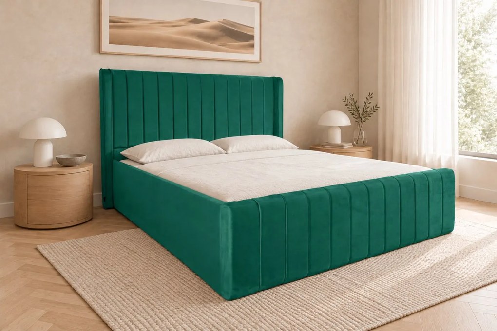 Pat tapițat din catifea Aurelia Simple 140×200 cm, verde, cu ladă de depozitare