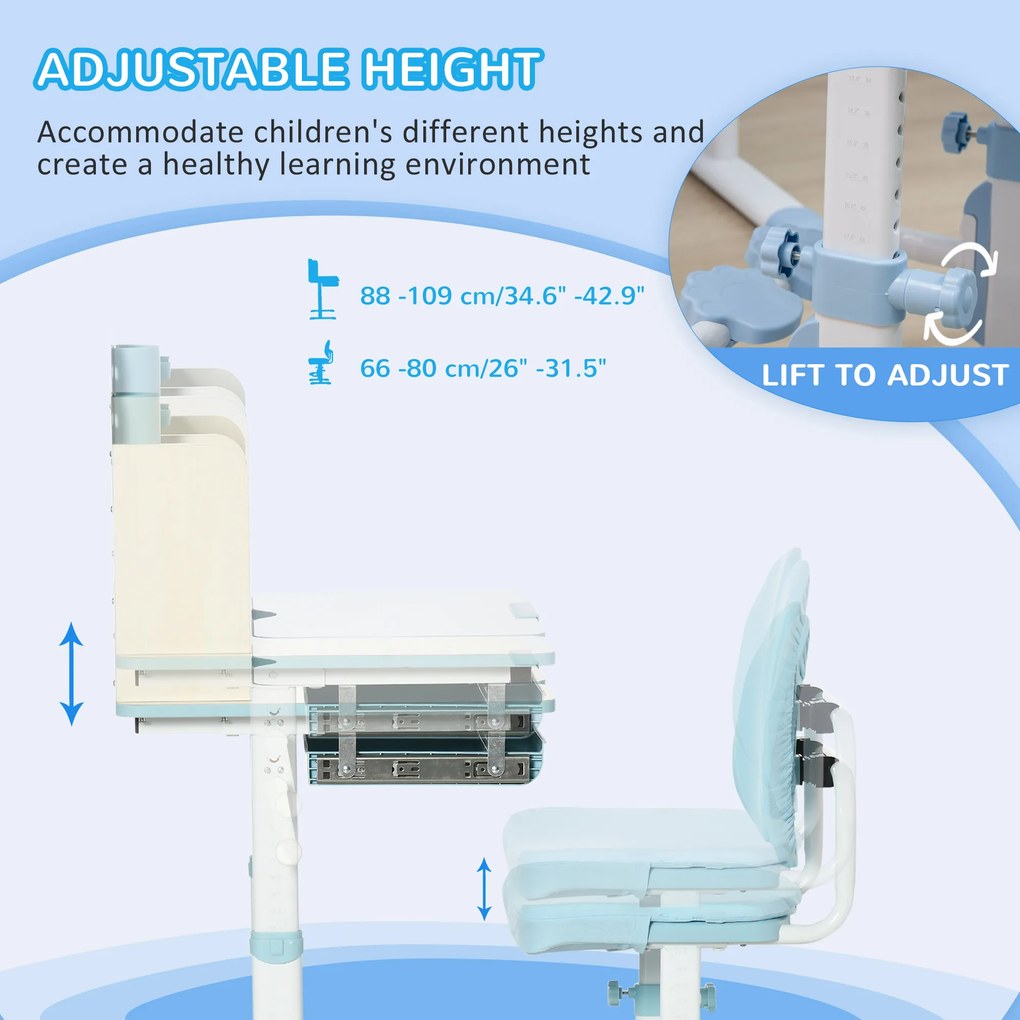 HOMCOM Set de birou si scaun cu inaltime reglabila Birou de scriere pentru copii masa de studiu pentru scoala cu raft | Aosom Romania