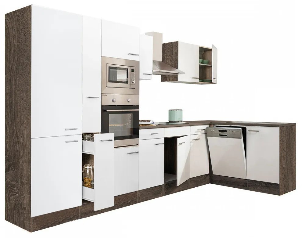 Mobilă de bucătărie de colț Yorki 370, corp din stejar Yorki, față alb satinat, dulap cu raft