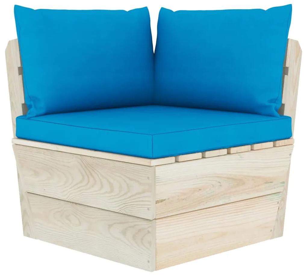 Set mobilier gradina din paleti cu perne, 4 piese, lemn molid Albastru deschis, colt + mijloc + suport pentru picioare + masa, 1