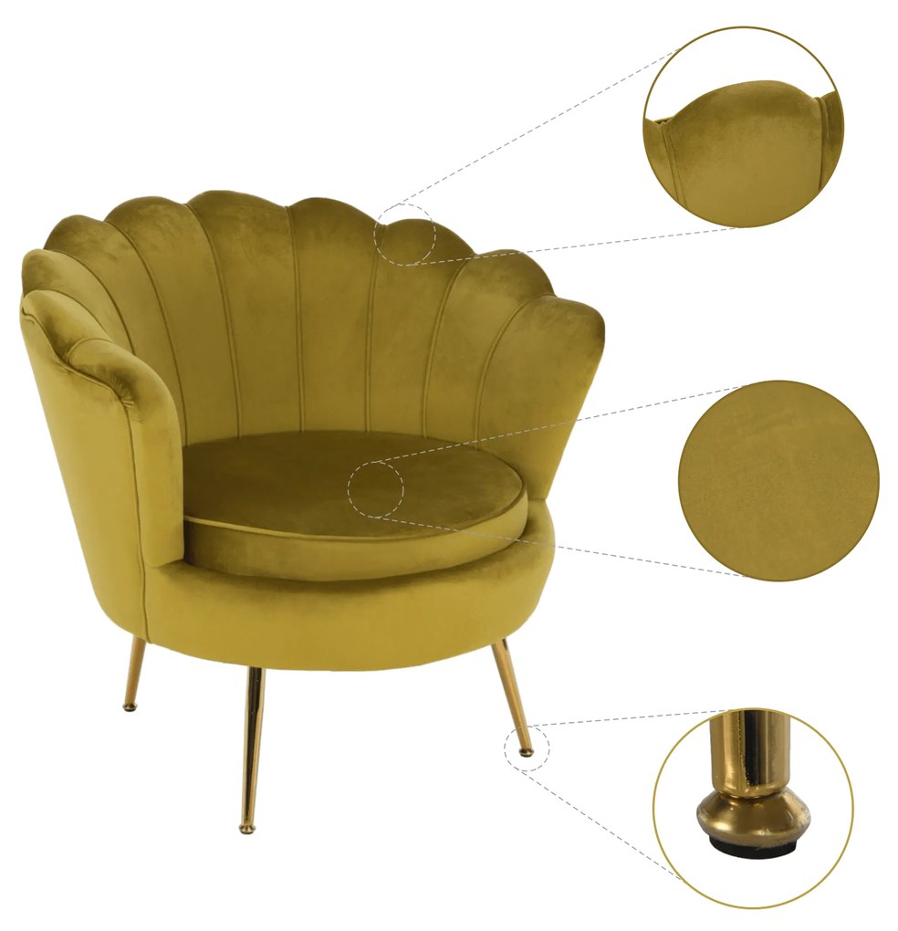 Fotoliu în stil Art-deco, catifea Velvet muştar/crom auriu, NOBLIN