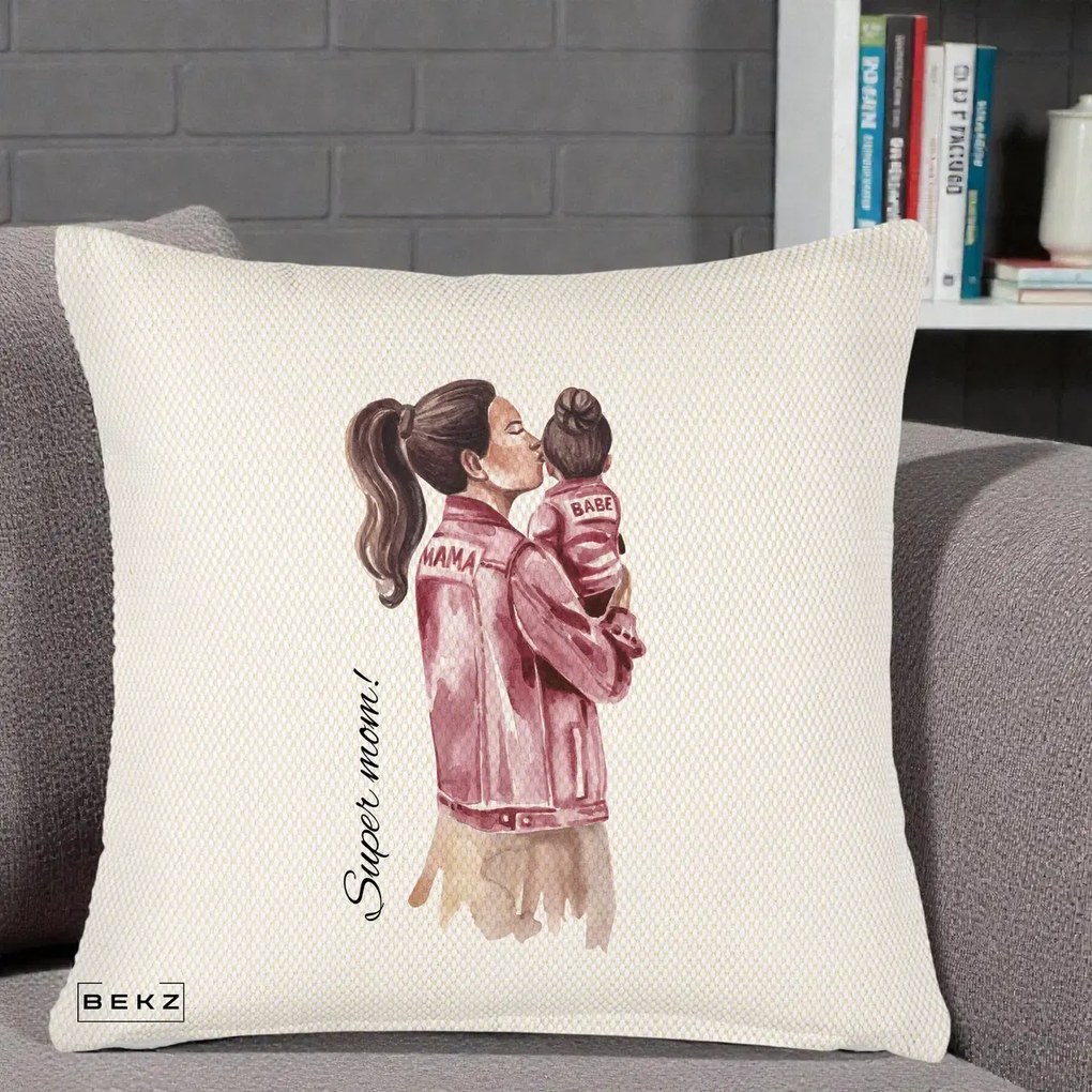 Cadou pentru Mama - Perna Personalizata Super Mom Jachete Roz, 40x40 cm, Crem Reliefat, Husa Detasabila, Perna Inclusa, BEKZ®